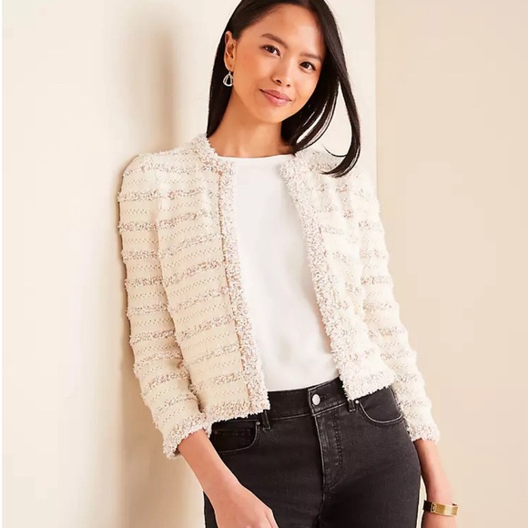 Ann Taylor NWT Striped Fringe Knit Jacket Blazer Cardigan - Picture 1 of 8